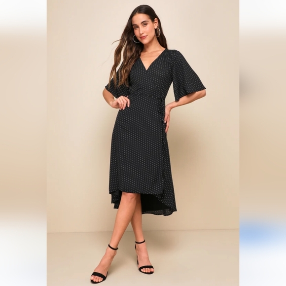 Lulus Women's Farah Black Print Midi Wrap Dress. EUC Size S - Picture 1 of 12
